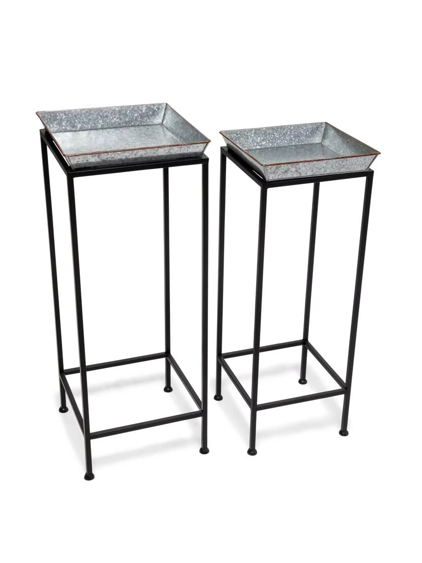 Square Nesting Plant Stands With Galvanized Trays, Set Of 2